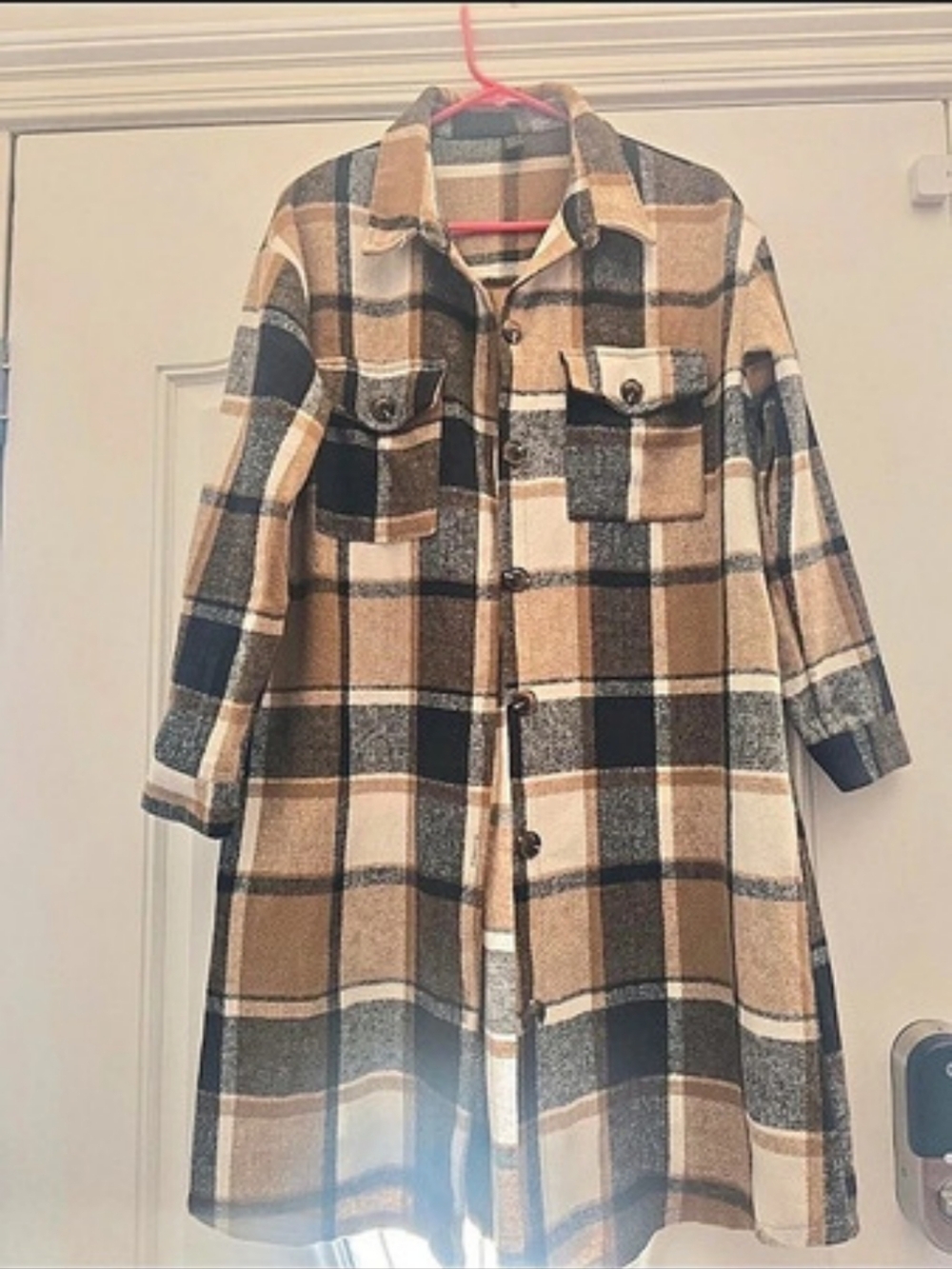 SHEIN Plaid Button Front Long Sleeve Shacket Plaid Shacket in Brown & Black Size